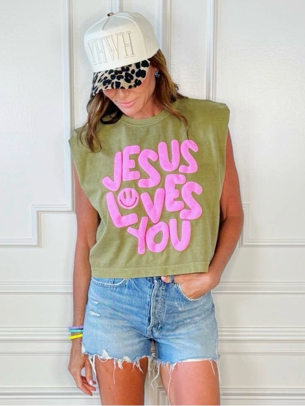 Olive Green Sleeveless Crop Tank with Pink "Jesus Loves You" Graphic